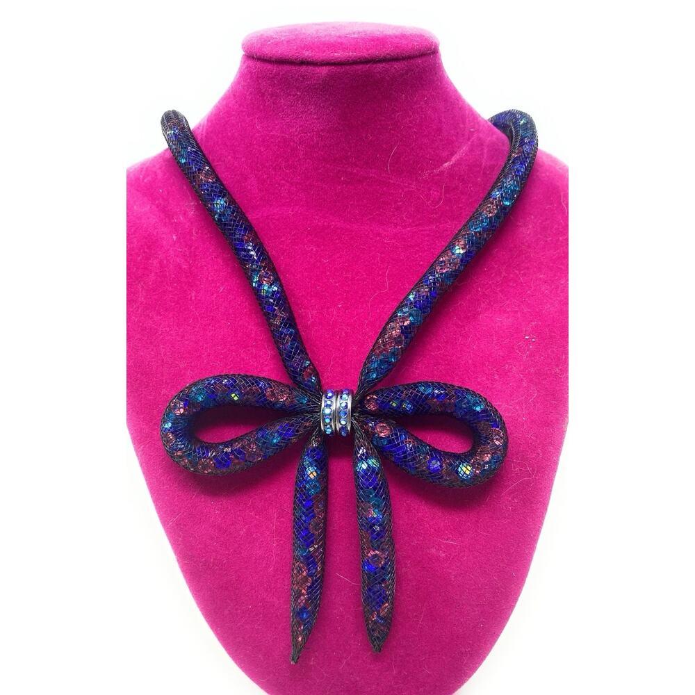 Betsey Johnson Multi Crystals Gem Stone Filled Mesh Ribbon Bow Collar Necklace